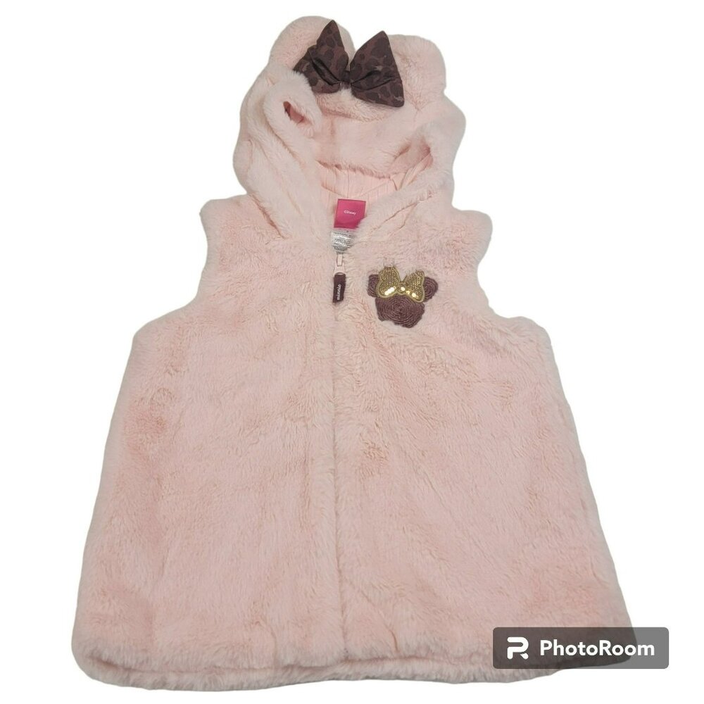 Disney Junior Faux Fur Vest, Girl 5, Pink w/Minnie , Hooded w/Bow & Ears, EUC